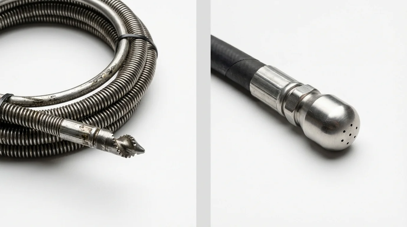 Drain snake cable and hydro jetting nozzle used for drain cleaning in Franklin, NH