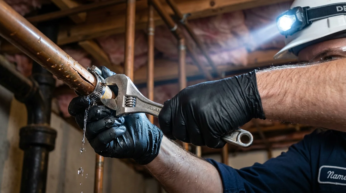 Emergency pipe clamp repair being performed by a Johns Plumbing LLC plumber in Franklin
