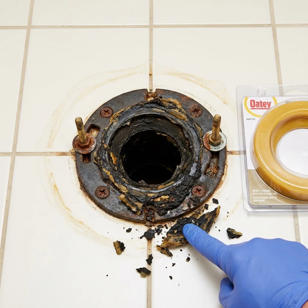 Failed wax ring showing water seepage at the base of a toilet in a Franklin, NH home