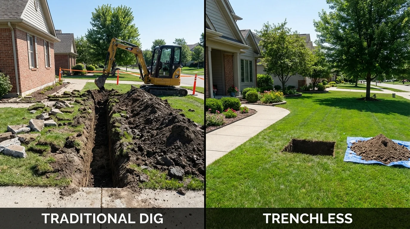 Trenchless sewer repair with minimal yard damage versus traditional excavation in Franklin, NH