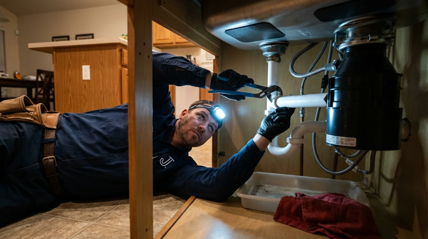 P-trap and supply line connections under a kitchen sink showing a common leak point in Franklin, NH
